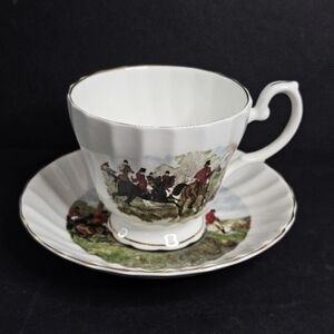 Staffordshire Crown Dorset Fine Bone China Fox Hunt Cup & Saucer Set England Vtg